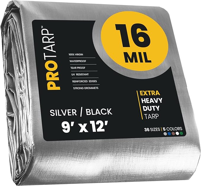 PROTARP Extra Heavy Duty 16 Mil Tarp Cover, Waterproof, UV Resistant, Rip and Tear Proof, Poly Tarpaulin with Reinforced Edges for Roof, Camping, Patio, Pool, Boat. (Silver/Black 9′ X 12′)