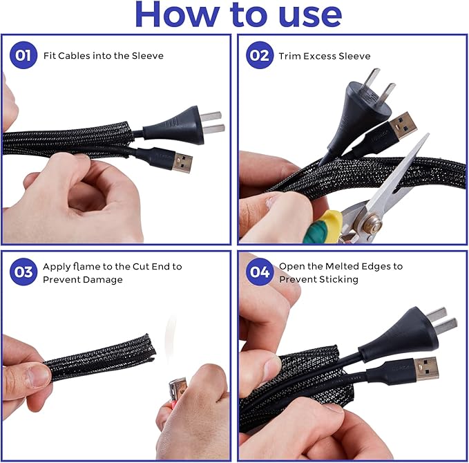 Cable Management Sleeves 1.5in - 2 Pack 4.1ft Split Braided Cable Sleeve White, Wire Organizers for Cords, Hard PE Cord Protectors from Pets, Flexible Cord Wrap Wire Sleeve for Computer Cord Organizer