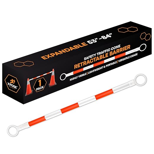 Retractable Barrier for Safety Traffic Cones - 2" OD - Large Yellow and Black Bar Barricade - for Road Construction, Parking, Warning, Temporary Security Divider (1, Orange & White, 53" x 84")