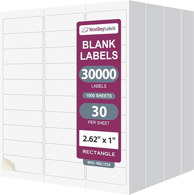 NextDayLabels - 2.5/8" x 1" Rectangular Sticker Labels for Printer - White Laser/Inkjet Printer Labels Return Address Labels Shipping Label Stickers (1000 Sheets, 30 Per Sheet, 30000 Labels)