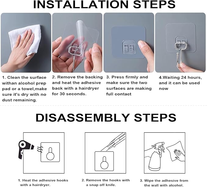 ZESLMG Large Adhesive Hooks for Hanging Wall, 12 Pack Self Sticky Hooks Heavy Duty 22lb Clear, Removable Shower Hook No Damage for Towel Key Coat Wreath Picture Outdoor Bathroom Kitchen, Waterproof