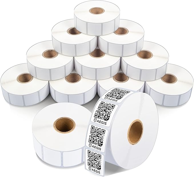 Aegis Adhesives - 1” X 1” Square Direct Thermal Multipurpose Labels for QR Codes, Perforated & Compatible with Zebra Desktop Printers - NOT Rollo Compatible (12 Rolls, 1375/Roll)