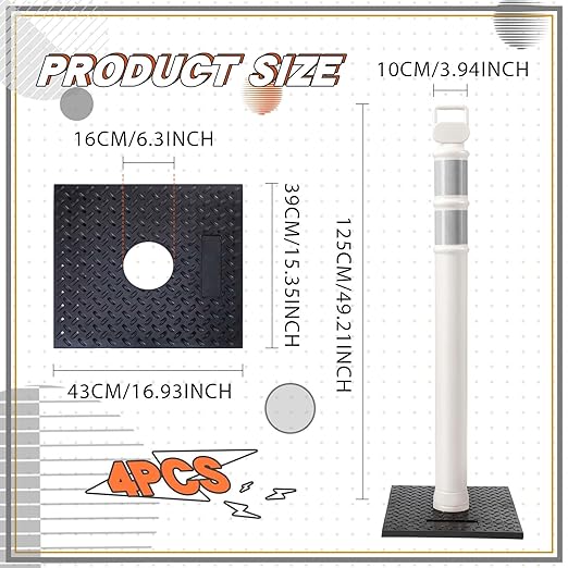 Kanayu 49 Inch Traffic Delineator Posts with 8.8 Lbs Rubber Base PE Delineator Post Portable Parking Pole Traffic Cone Barrier with Removable Base, Reflective Band(4 Packs,White)