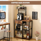 Kitchen Bakers Rack,Microwave Stand with Storage,Adjustable 6 Tier Coffee Bar Staion,Free Standing Bakers Rack with Drawer and Hooks,Kitchen Appliance Storage Shelf for Spices,Pots