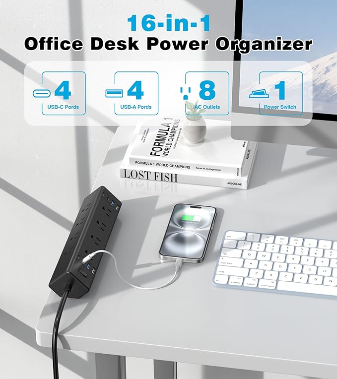 40W Fast Charging Station,Desk Clamp Power Strip,4 USB-C Ports & 8 AC Outlets,Desktop Edge Mount Surge Protector Power Strip,14AWG Heavy Duty Cord,Fit 1.9" Tabletop Edge for Home Office(10Ft Cable)