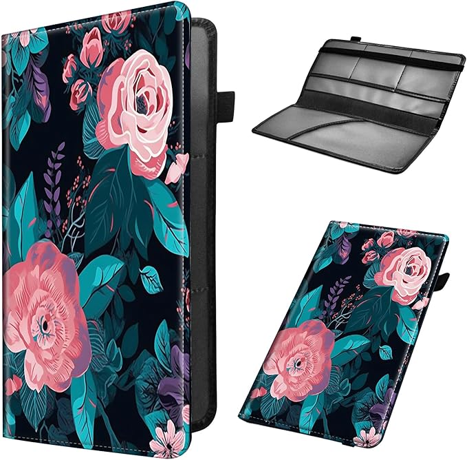 Car Registration and Insurance Holder, Leather Car Glove Box Organizer, Cool Car Accessories for ID, Driver's License Cards & Essential Document,business cards,Men&Women,Pink Flowers