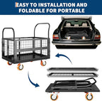 6in1 Foldable Platform Truck Cart with Cage Platform Truck,1800lbs Push Cart Dolly Capacity Flatbed Hand Truck Dolly Cart Multipurpose for Grocery, Laundry, Garage, Warehouse (Black)