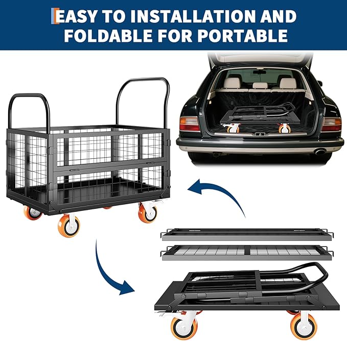 6in1 Foldable Platform Truck Cart with Cage Platform Truck,1800lbs Push Cart Dolly Capacity Flatbed Hand Truck Dolly Cart Multipurpose for Grocery, Laundry, Garage, Warehouse (Black)