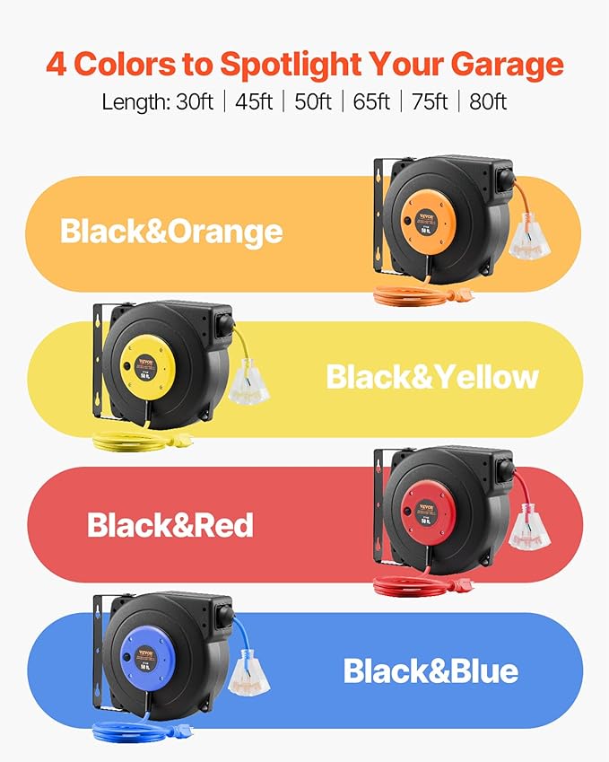 VEVOR Retractable Extension Cord Reel, 50 FT Heavy Duty 14AWG/3C SJTOW Power Cord with Lighted Triple Tap Outlet, 13 Amp Circuit Breaker, 180° Swivel Bracket for Ceiling or Wall Mount