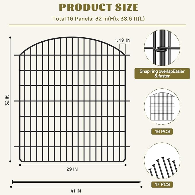 16 Panels No Dig Garden Fence with Gate, 32in x 38.6ft Decorative Dog Fence Outdoor for Yard, Tall Animal Barrier Fencing Rustproof Metal Garden Edging Border, Temporary Fencing for Outdoor, Patio
