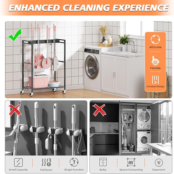 Broom and Mop Holder, Broom Storage Hanger, Cleaning Cart with Broom and Mop Hanger, Cleaning Cart with Wheels, Janitorial Cart for Household, Laundry Room Organization