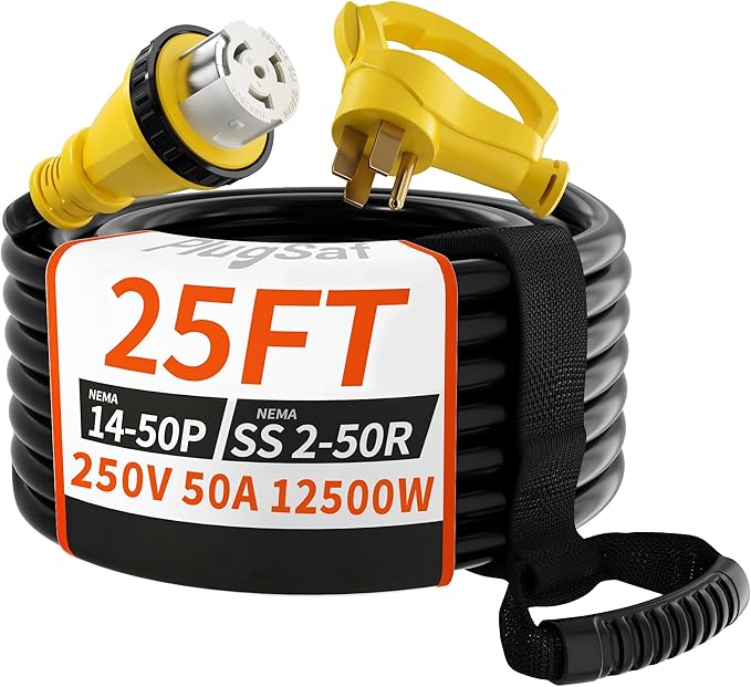 50 Amp Generator Cord, 25FT 50 Amp RV Extension Cord with Twist Lock, Generator Cable 50A 4 Prong Yellow, NEMA 14-50P/SS2-50R Heavy Duty STW Wire for RV Camper & House