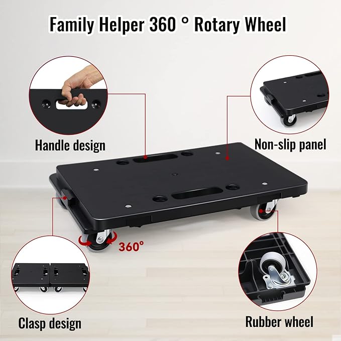 Furniture Dolly,Moving Dolly 4 Wheels Heavy Duty,16in-11in 500lbs Capacity,Furniture Movers Dollys with Wheels,4 Wheels Small Flat Dolly Cart, 2 Pack, Black,Grey Wheel