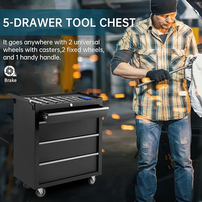 Heavy-Duty 4-Drawer Rolling Tool Chest with Locking System, Portable Tool Storage Cabinet with Wheels & Drawer Liners, Steel Tool Organizer Cart for Garage Workshop Tools, Black Finish