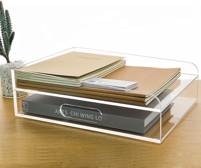 2-Tier Clear Acrylic Paper Trays, Desk File Organizer, A4 Paper Holder, Low-Profile Desk File Sorter for Office/Home, Clear Stackable Letter Tray for Bills, Crafts, Notebooks - Vertical