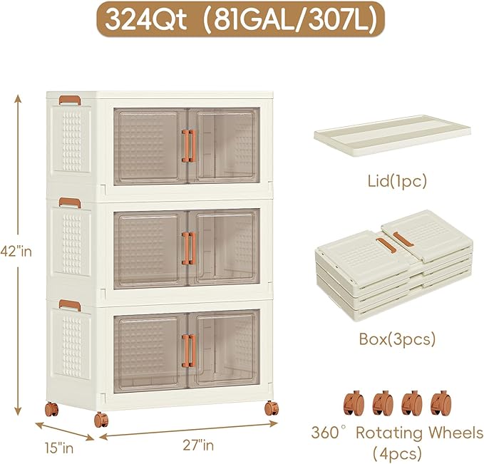 JEKO&JEKO 324 Qt Collapsible Storage Cabinets with Front-Open Doors & Wheels, 3-Pack Extra Large Stackable Plastic Organizers with Lids for Home, Bedroom & Garage Organization, Cream