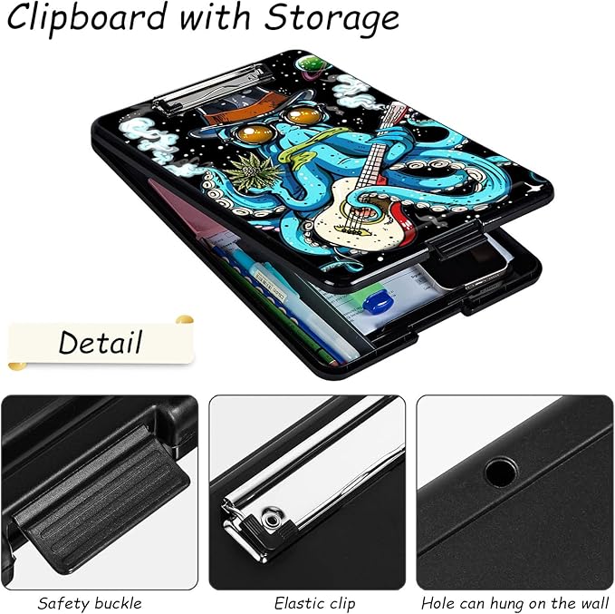 Clipboard with Storage, High Capacity Plastic Storage Clipboard with Pen Holder for for Women Teachers Work, School & Office Supplies, Cute Pattern Decorative Clipboards, Octopus Plays Guitar