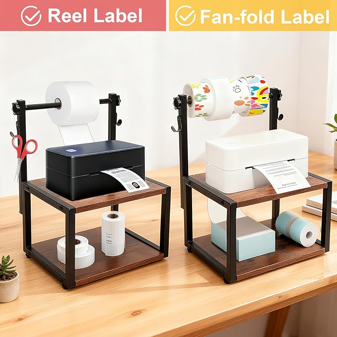 Label Holder for Rolls and Fan-Fold Labels, Wooden Sticker Dispenser for Desktop Thermal Printer and Accessories Storage, Self-Adhesive Label Organizer Stand for Home, Office, Small Businesses