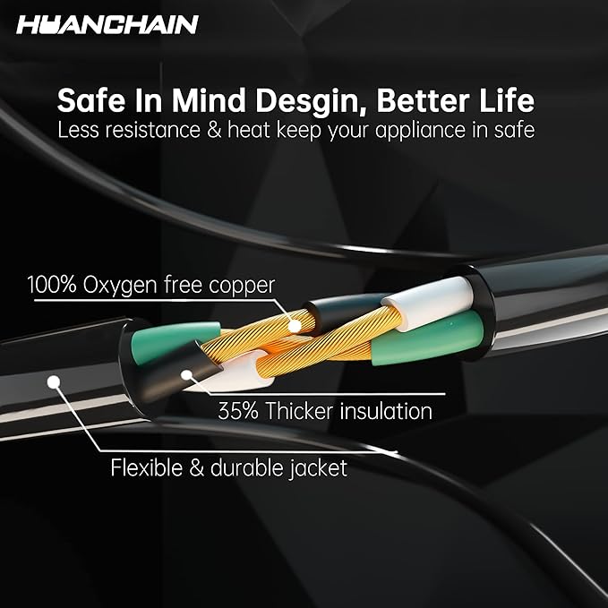HUANCHAIN Indoor Outdoor Black Extension Cord, 50 ft 16/3 Gauge 2 Pack, Flame Retardant, Flexible 3 Prong Electric Cord, 13A 1625W 16AWG SJTW, Outdoor Waterproof Cord, ETL