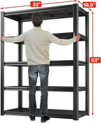 Raybee Garage Shelving 2000LBS Storage Shelves Adjustable Metal Shelves 5 Tier Heavy Duty Shelving Metal Shelf for Basement Pantry Kitchen 32" W x 16.5" D x 63" H