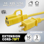 HUANCHAIN Outdoor Extension Cord 75 Foot Waterproof, 16/3 Gauge Flexible Cold-Resistant Appliance Extension Cable Outside, 10A 1250W 16AWG SJTW, 3 Prong Electric Cord Yellow, ETL