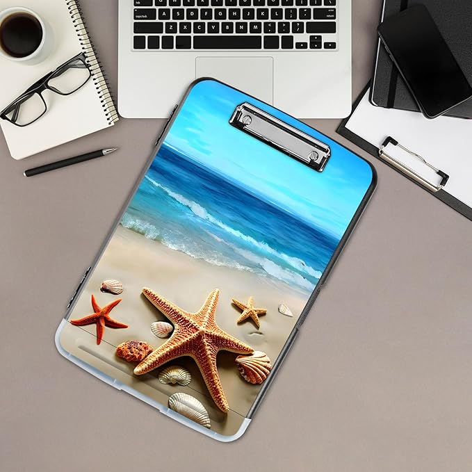Clipboard with Storage,Office Supplies Nursing Clipboards Folder with Pen Holder Plastic Storage ClipBoard Foldable for Teacher Nurse,Beach Starfish