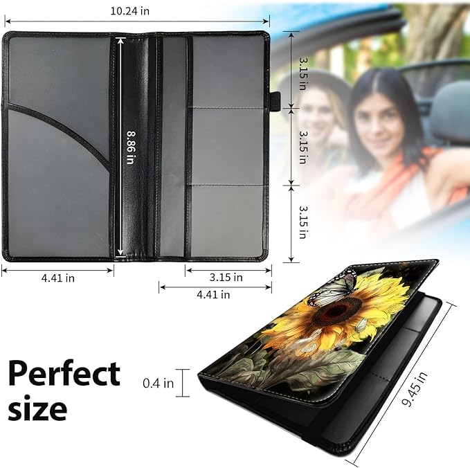 Car Registration and Insurance Holder, Leather Car Glove Box Organizer, Cool Car Accessories for ID, Driver's License Cards & Essential Document,business cards,Men&Women,Sunflowers Butterfly