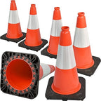 6 Pack 18" Inch Orange PVC Traffic Cones with Heavy-Duty Base, High-Visibility All-Weather Safety Cones for Road Construction, Parking Lot, and Garage Use (6, Orange, 18" Medium)
