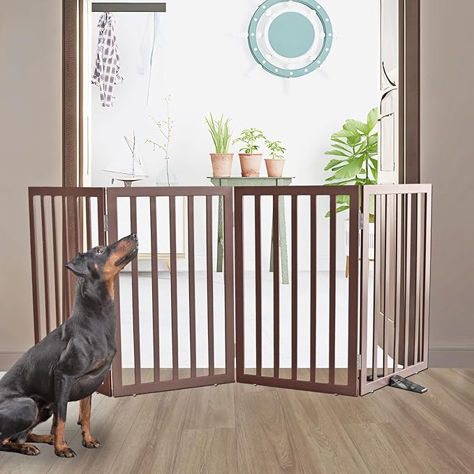 ZJSF Freestanding Indoor Dog Gate for House Foldable Wood Puppy Gate for Doorways Pet Gate for Stairs Extra Wide Pet Fence, Brown, 32" Height 4 Panels