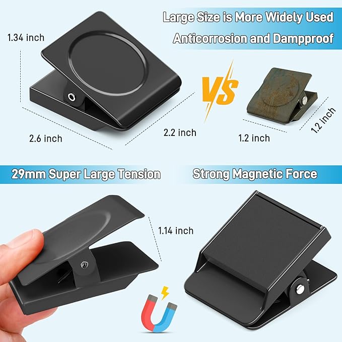 FINDMAG 2.2inch Extra Large Magnetic Clips, Magnet Christmas Light Clip Heavy Duty, Strong Magnet with Clips for Fridge, Whiteboard, Classroom, Kitchen, Home (Black, Pack of 8)