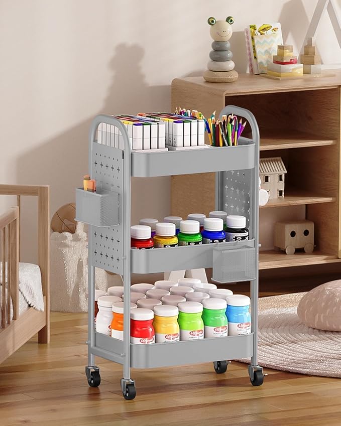 ALVOROG 3 Tier Rolling Cart with DIY Pegboards Metal Utility Cart with Wheels Handles Baskets Hooks, Craft Cart for Office Kitchen Bathroom(Light Gray)
