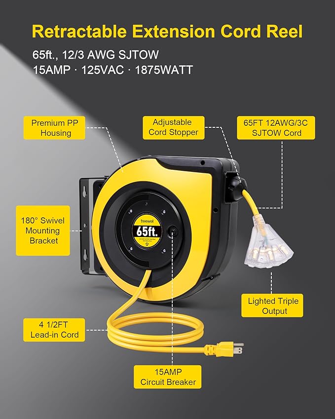 65FT Retractable Extension Cord Reel, 12AWG/3C SJTOW Heavy Duty Power Cord with Lighted Triple Outlets, 15A Circuit Breaker, 180° Swivel Removable Bracket for Wall/Ceiling Mount, UL Listed