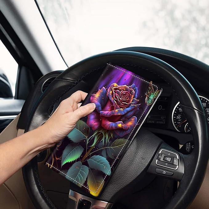 Car Registration and Insurance Holder, Leather Car Glove Box Organizer, Cool Car Accessories for ID, Driver's License Cards & Essential Document,business cards,Men&WomenPink Rose Flower Butterfly