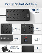 Surge Protector Power Strip-14 Outlets and 6 USB Ports, 6 Feet Flat Plug Extension Cord, 1850 Joules, Black, ETL Listed for Home, Office, Dorm Room