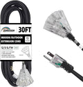 3-Outlets Indoor Outdoor Extension Cord Weatherproof with Lighted End, UL Listed, 12 Gauge 30FT Black 3 Prong Heavy Duty, 12/3 SJTW 15A Power Cord