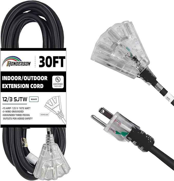 3-Outlets Indoor Outdoor Extension Cord Weatherproof with Lighted End, UL Listed, 12 Gauge 30FT Black 3 Prong Heavy Duty, 12/3 SJTW 15A Power Cord