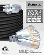 15Ft 12/3 Outdoor Extension Cord with 3-Outlets, Heavy Duty 12 Gauge 3 Prong Extension Cord Waterproof with Lighted end, 15A 12AWG 1875W SJTW, ETL Listed - Great for Garage, Garden and Home, Black