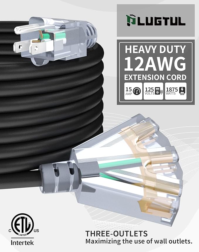 25Ft 12 Gauge Outdoor Extension Cord with 3-Outlets, 2 Pack, Heavy Duty 3 Prong Extension Cord Waterproof with Lighted end, 15A SJTW, ETL Listed, Black
