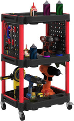 HOMCOM 3-Tier Rolling Tool Cart with Wheels, 200 LBS Capacity Plastic Utility Cart with Side Shelves, Mobile Service Tool Organizer for Garage, Warehouse, Workshop, Black and Red