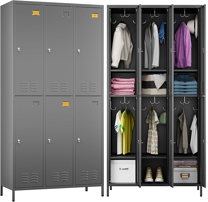 Employees Locker, 72" inch Tall Metal Storage Locker with 6 Doors for School Hospital Garage Gym Home Office with 12 Hooks, Requires Assembly (Dark Grey)