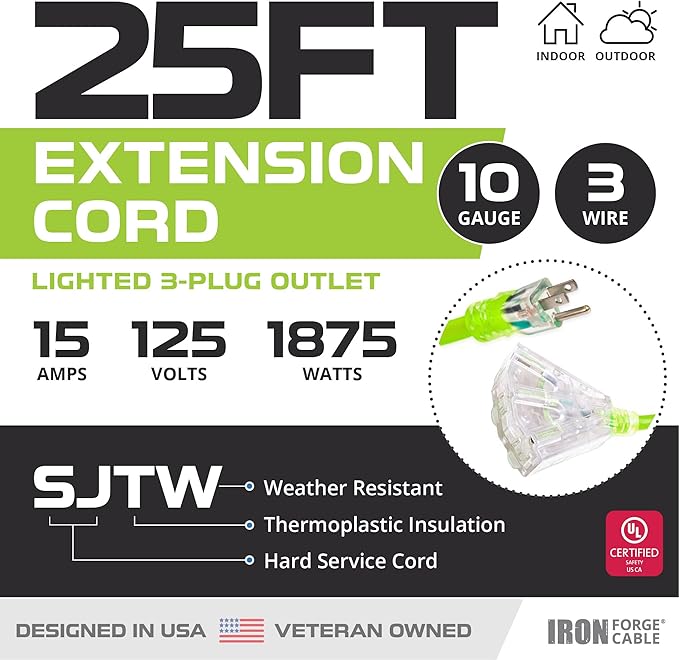 Iron Forge Cable 3 Outlet 10 Gauge Extension Cord 25 ft, 10/3 Heavy Duty Extension Cord with Multiple Plugs 3 Prong, SJTW Weatherproof Outdoor Power Cable Multi Outlets for Major Appliances