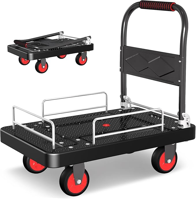 Platform Truck Cart with 3 Fence, 28"x19" Flatbed, 1100lbs Capacity Heavy-Duty Foldable Push Dolly Cart with Swivel Wheels, Foldable & Portable for Groceries, Garage,Home,Office Use, Black
