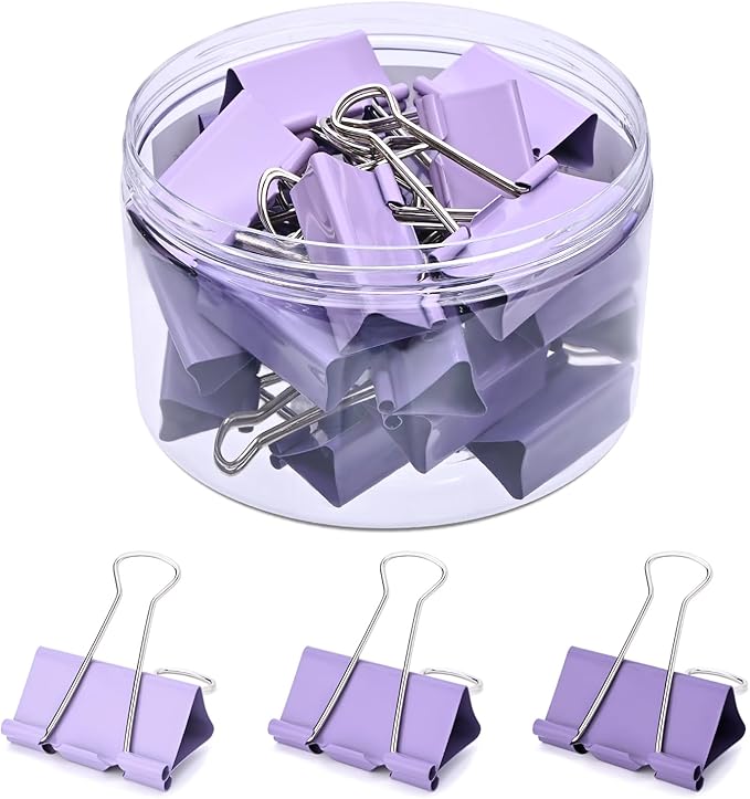 Temiary Aesthetic Binder Clips, 24 Pcs 1.6 Inches Small Metal Binder Clip with Clear Storage Container, Binding Paperwork Clamps for School Teachers Office Supplies (Purple)