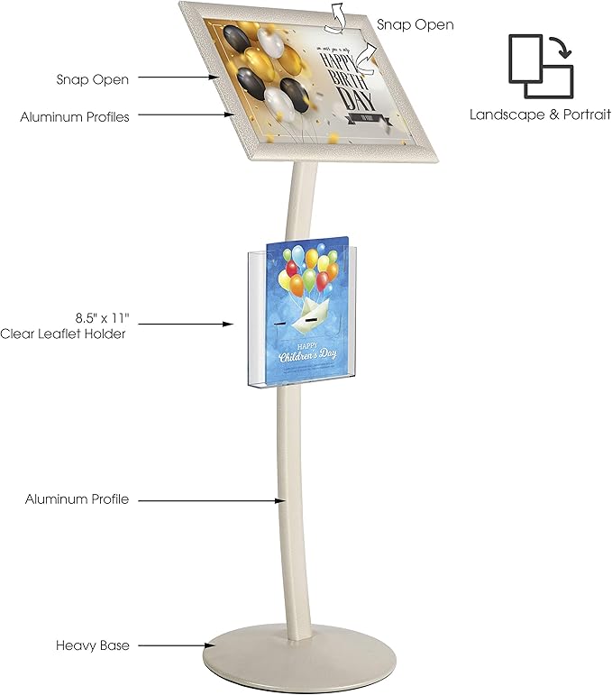 M&T Displays Curved Menu Board, 11x17 Inch Pedestal Sign Holder with 8.5x11 Inch Brochure Holder White Pearlic Floor Standing Aluminum Front Loading Easy Open Poster Message Advertisement Post