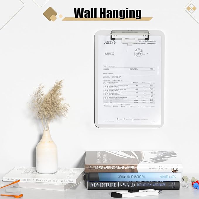 Hongri Plastic Clipboard with Pen Holder, White 8.5x11 Letter Size Clip Board for Classroom, Office, Students, Nurses and Women, Low Profile Clip, Size 12.5 x 9 in(Pack of 2)
