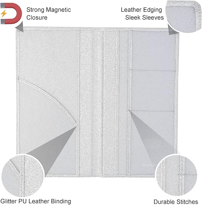 Car Registration and Insurance Holder, Leather Magnetic Shut Vehicle Glove Box Organizer for Document, Card, Driver License, Glitter Silver