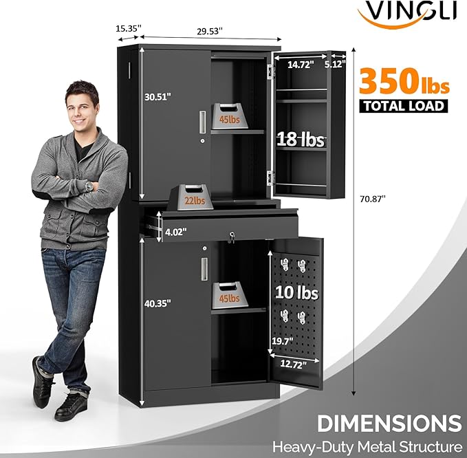VINGLI Metal Storage Cabinet with 4 Doors & 1 Drawer, 71'' Steel Locking Cabinet with 6 Door Hanging Shelves and Adjustable Shelves for Garage, Warehouse, Home Kitchen, Dining Living Room (Black)