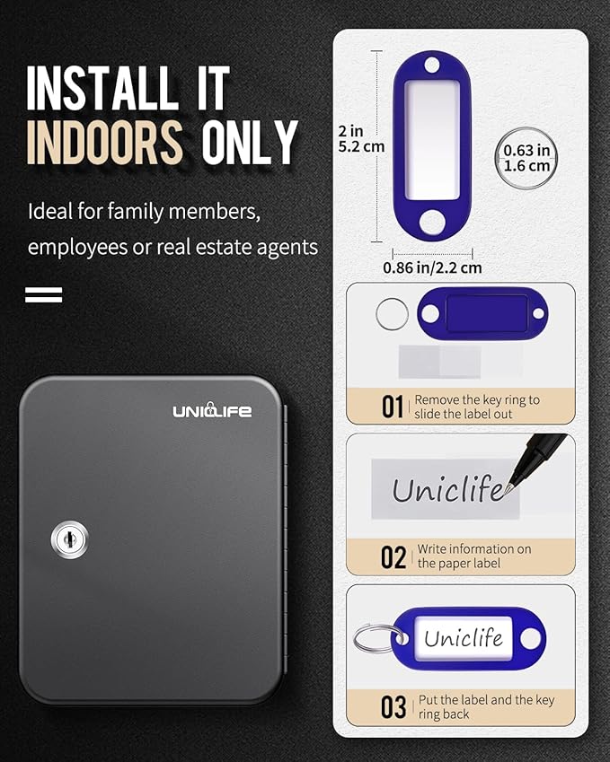 Uniclife 20 Position Key Cabinet with Key Lock Wall Mounted Black Security Storage Box Steel Key Organizer with Colorful Key Tag Labels Stickers and Hooks