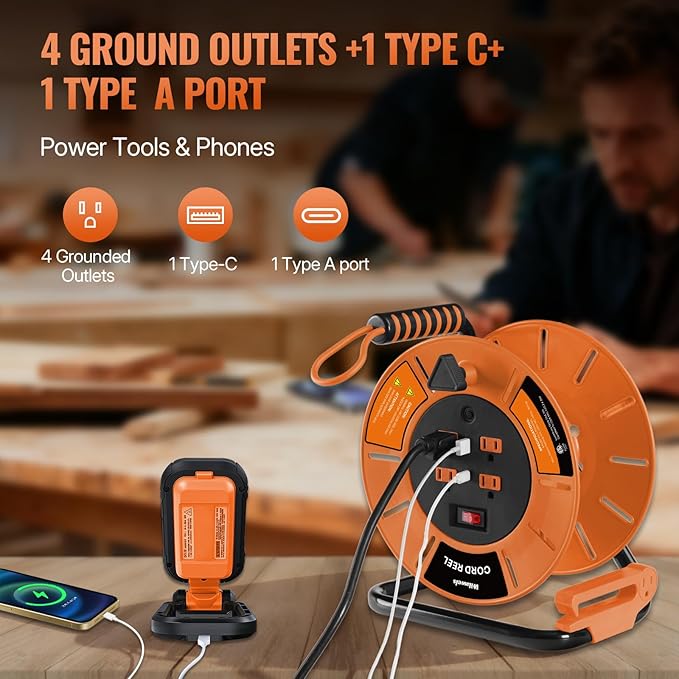 Extension Cord Storage Reel with 4-Grounded Outlet & 2 USB Port, 15A Circuit Breaker, Heavy Duty Open Cord Reel for 12/3,14/3 Gauge Power Cord, Hand Wind Retractable,ETL Listed Orange G85CR06