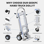 Hand Trucks Heavy Duty Aluminum Dolly Cart, 3 in 1 Design 1000 Lbs Capacity with Solid Wheels - Foldable, Portable, Ergonomic Handle, Perfect for Construction, Warehouses, Factories, Indoor & Outdoor